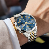 OLEVS 3676 Chronograph Watches for Men Business Dress Analog Quartz Gold Plated Stainless Steel Moon Phase Waterproof Luminous Date Luxury Mens Wrist Watches Reloj Para Hombre