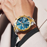 OLEVS 3678 Watches for Men Luxury Dress Chronograph Analog Quartz Gold Plated Stainless Steel Moon Phase Waterproof Luminous Date Fashion Mens Wrist Watches Reloj Para Hombre