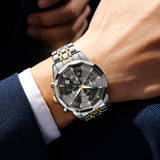 OLEVS 3673 Watches For Men Business Dress Luxury Casual Chronograph Multifunction Analog Quartz Stainless Steel Waterproof Luminous Moon Phase Date Men Wrist Watches Reloj Para Hombre White Dial