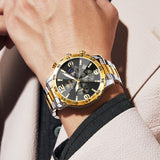 OLEVS 3678 Watches for Men Luxury Dress Chronograph Analog Quartz Gold Plated Stainless Steel Moon Phase Waterproof Luminous Date Fashion Mens Wrist Watches Reloj Para Hombre