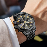 OLEVS 3676 Chronograph Watches for Men Business Dress Analog Quartz Gold Plated Stainless Steel Moon Phase Waterproof Luminous Date Luxury Mens Wrist Watches Reloj Para Hombre