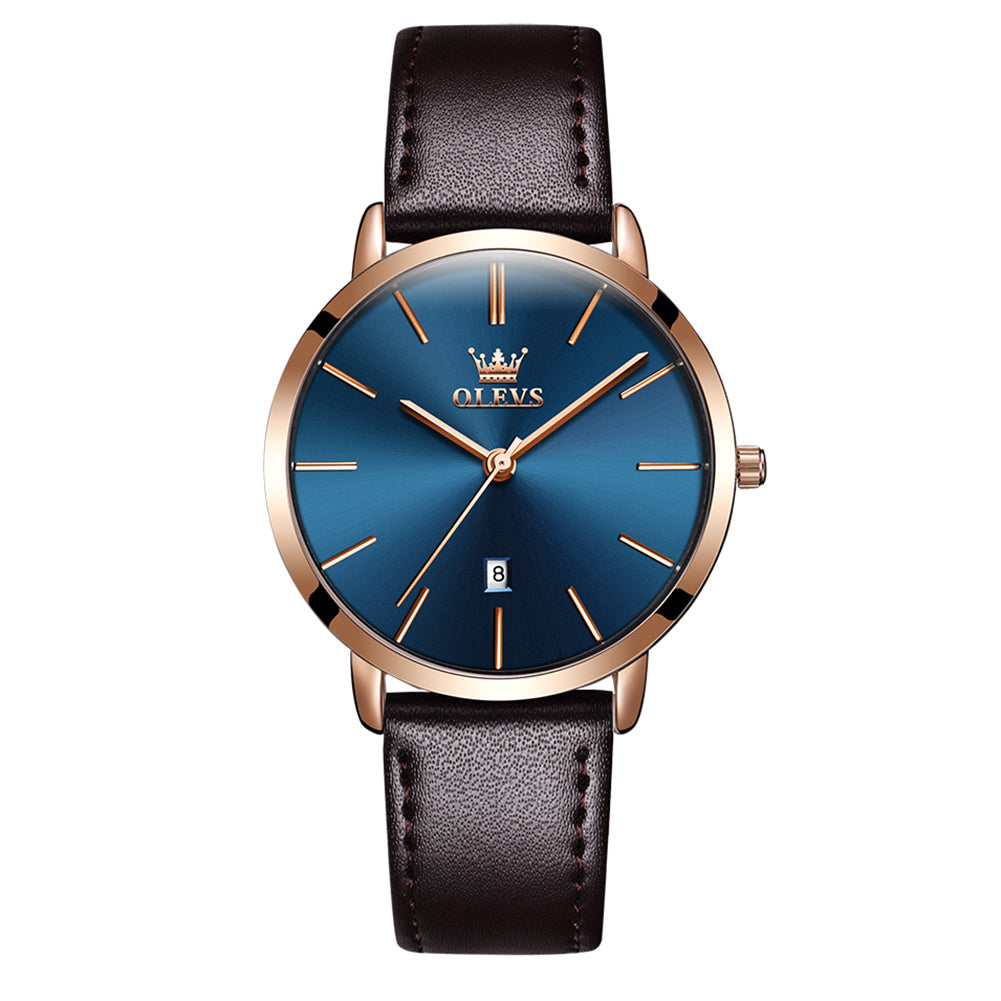 Brown Strap-Blue Dial Rose Trim