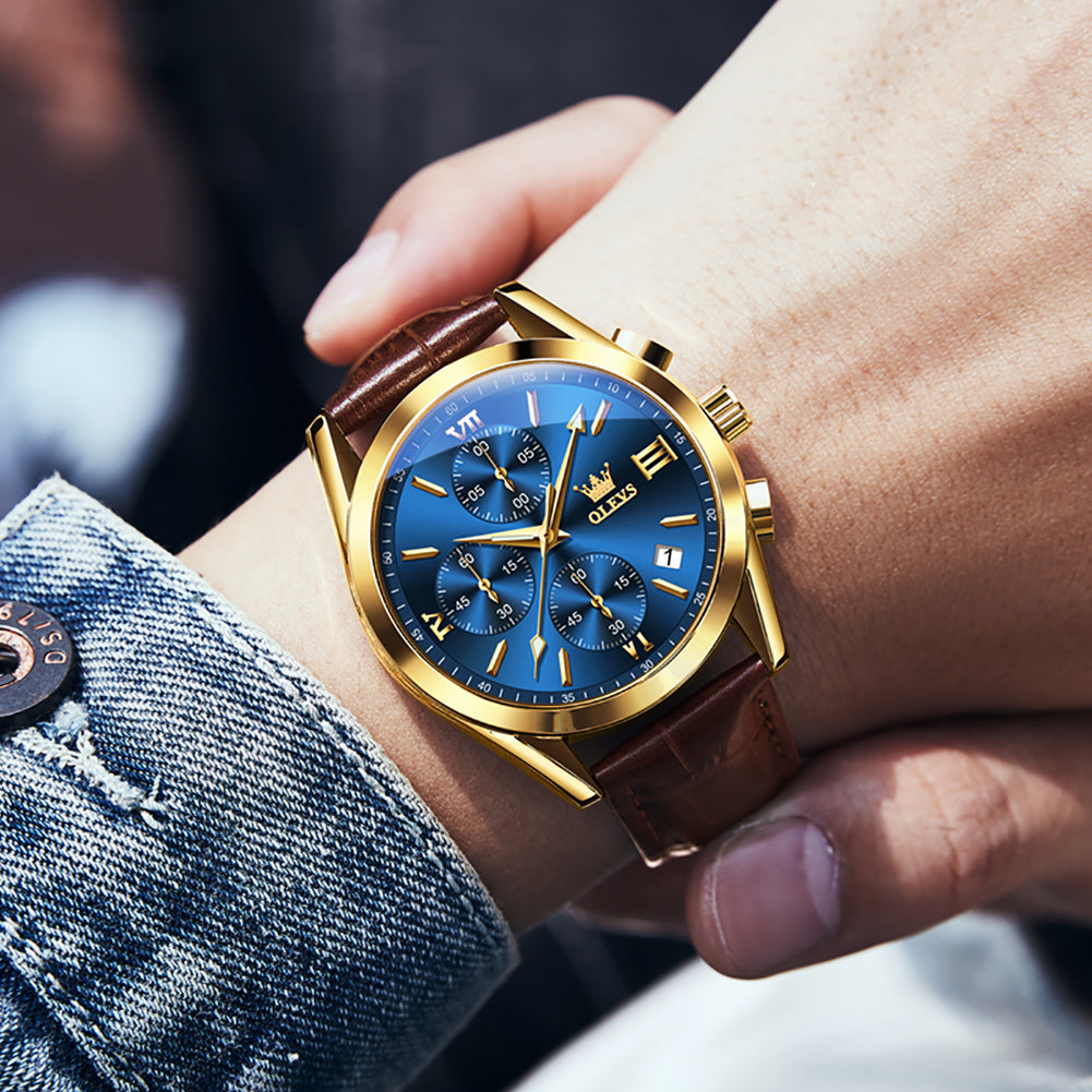 Brown Strap-Blue Dial Gold Trim