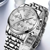 OLEVS 2858 Men's Watch, Business Chronograph Formal Stainless Steel Watch, Pointer Quartz Waterproof Luminous Men's Watch, Black and Blue Tone Stylish Holiday Gift