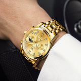 OLEVS 2858 Men's Watch, Business Chronograph Formal Stainless Steel Watch, Pointer Quartz Waterproof Luminous Men's Watch, Black and Blue Tone Stylish Holiday Gift