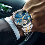 OLEVS 6619 Automatic Watches for Men Luxury Dress Waterproof Self Winding Mechanical Chronograph Diamond Stainless Steel Luminous Date Skeleton Tourbillon Mens Watches Gift Reloj Para Hombre