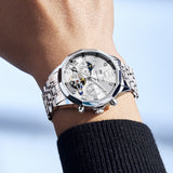 OLEVS 6620 Automatic Watches for Men Self Winding Mechanical Skeleton Luxury Dress Chronograph Gold Plated Stainless Steel Calendar Moon Phase Waterproof Luminous Mens Wrist Watches Reloj Para Hombre