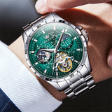 OLEVS 6689 Automatic Watches for Mens Starry Sky Skeleton Tourbillon Self Winding Mechanical Moon Phase Luminous Waterproof Luxury Dress Mens Wrist Watches Gifts Reloj Para Hombre Black/Blue/Green