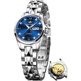 OLEVS 3262 Automatic Womens Watch Blue Two Tone Date Watches Mechanical Calendar Watches Diamond Fashion Waterproof Female Wrist Watch