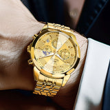 OLEVS 3676 Chronograph Watches for Men Business Dress Analog Quartz Gold Plated Stainless Steel Moon Phase Waterproof Luminous Date Luxury Mens Wrist Watches Reloj Para Hombre