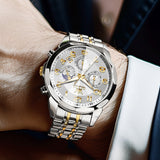 OLEVS 3676 Chronograph Watches for Men Business Dress Analog Quartz Gold Plated Stainless Steel Moon Phase Waterproof Luminous Date Luxury Mens Wrist Watches Reloj Para Hombre