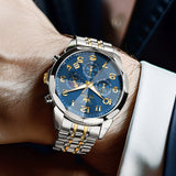 OLEVS 3676 Chronograph Watches for Men Business Dress Analog Quartz Gold Plated Stainless Steel Moon Phase Waterproof Luminous Date Luxury Mens Wrist Watches Reloj Para Hombre