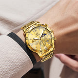 OLEVS 3678 Watches for Men Luxury Dress Chronograph Analog Quartz Gold Plated Stainless Steel Moon Phase Waterproof Luminous Date Fashion Mens Wrist Watches Reloj Para Hombre