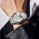 OLEVS 6621Automatic Watches for Men Luxury Dress Waterproof Self Winding Mechanical Moon Phase Chronograph Stainless Steel Luminous Diamond Date Skeleton Tourbillon Wristwatch for Men Reloj Para Hombre