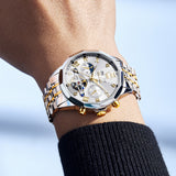 OLEVS 6620 Automatic Watches for Men Self Winding Mechanical Skeleton Luxury Dress Chronograph Gold Plated Stainless Steel Calendar Moon Phase Waterproof Luminous Mens Wrist Watches Reloj Para Hombre