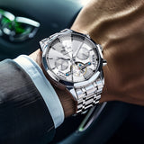 OLEVS 6619 Automatic Watches for Men Luxury Dress Waterproof Self Winding Mechanical Chronograph Diamond Stainless Steel Luminous Date Skeleton Tourbillon Mens Watches Gift Reloj Para Hombre