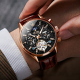 OLEVS 6658Automatic Watches for Men Self Winding Mechanical Chronograph Skeleton Flywheel Luxury Dress Black Brown Leather Diamond Moon Phase Waterproof Luminous Mens Wrist Watches Reloj Para Hombre