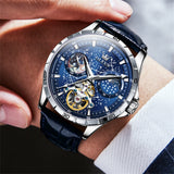 OLEVS 6689 Automatic Watches for Mens Starry Sky Skeleton Tourbillon Self Winding Mechanical Moon Phase Luminous Waterproof Luxury Dress Mens Wrist Watches Gifts Reloj Para Hombre Black/Blue/Green