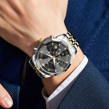 OLEVS 3673 Watches For Men Business Dress Luxury Casual Chronograph Multifunction Analog Quartz Stainless Steel Waterproof Luminous Moon Phase Date Men Wrist Watches Reloj Para Hombre White Dial