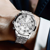 OLEVS 3676 Chronograph Watches for Men Business Dress Analog Quartz Gold Plated Stainless Steel Moon Phase Waterproof Luminous Date Luxury Mens Wrist Watches Reloj Para Hombre