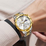 OLEVS 3678 Watches for Men Luxury Dress Chronograph Analog Quartz Gold Plated Stainless Steel Moon Phase Waterproof Luminous Date Fashion Mens Wrist Watches Reloj Para Hombre