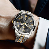 OLEVS 3676 Chronograph Watches for Men Business Dress Analog Quartz Gold Plated Stainless Steel Moon Phase Waterproof Luminous Date Luxury Mens Wrist Watches Reloj Para Hombre