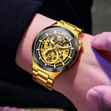 OLEVS 6722 Skeleton Watches for Men Luxury Dress Automatic Self Winding Mechanical Gold Plated Stainless Steel Waterproof Luminous Business Men Wrist Watch Reloj Para Hombre