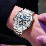 OLEVS 6722 Skeleton Watches for Men Luxury Dress Automatic Self Winding Mechanical Gold Plated Stainless Steel Waterproof Luminous Business Men Wrist Watch Reloj Para Hombre