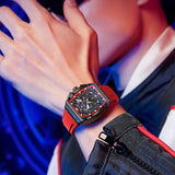 OLEVS 2942 Watches for Men Chronograph Waterproof Luxury Dress Quartz Silicon Strap Multifunction Moon Phase Calendar Luminous Men Wrist Watches Reloj Para Hombre Black/Red