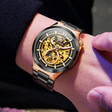 OLEVS 6722 Skeleton Watches for Men Luxury Dress Automatic Self Winding Mechanical Gold Plated Stainless Steel Waterproof Luminous Business Men Wrist Watch Reloj Para Hombre