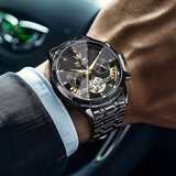 OLEVS 6619 Automatic Watches for Men Luxury Dress Waterproof Self Winding Mechanical Chronograph Diamond Stainless Steel Luminous Date Skeleton Tourbillon Mens Watches Gift Reloj Para Hombre