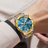 OLEVS 3678 Watches for Men Luxury Dress Chronograph Analog Quartz Gold Plated Stainless Steel Moon Phase Waterproof Luminous Date Fashion Mens Wrist Watches Reloj Para Hombre
