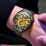 OLEVS 6722 Skeleton Watches for Men Luxury Dress Automatic Self Winding Mechanical Gold Plated Stainless Steel Waterproof Luminous Business Men Wrist Watch Reloj Para Hombre