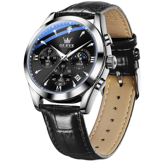 OLEVS Watches for Men 3609 Business Dress Analog Quartz Chronograph Casual PU Leather Waterproof Moon Phase Luminous Date Luxury Mens Wrist Watches Reloj Para Hombre