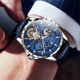 OLEVS 6689 Automatic Watches for Mens Starry Sky Skeleton Tourbillon Self Winding Mechanical Moon Phase Luminous Waterproof Luxury Dress Mens Wrist Watches Gifts Reloj Para Hombre Black/Blue/Green