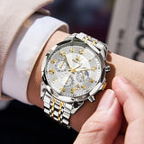OLEVS 3676 Chronograph Watches for Men Business Dress Analog Quartz Gold Plated Stainless Steel Moon Phase Waterproof Luminous Date Luxury Mens Wrist Watches Reloj Para Hombre