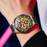 OLEVS 6722 Skeleton Watches for Men Luxury Dress Automatic Self Winding Mechanical Gold Plated Stainless Steel Waterproof Luminous Business Men Wrist Watch Reloj Para Hombre