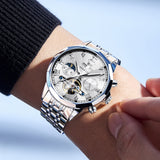 OLEVS 6620 Automatic Watches for Men Self Winding Mechanical Skeleton Luxury Dress Chronograph Gold Plated Stainless Steel Calendar Moon Phase Waterproof Luminous Mens Wrist Watches Reloj Para Hombre