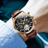 OLEVS 6658Automatic Watches for Men Self Winding Mechanical Chronograph Skeleton Flywheel Luxury Dress Black Brown Leather Diamond Moon Phase Waterproof Luminous Mens Wrist Watches Reloj Para Hombre