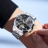 OLEVS 6620 Automatic Watches for Men Self Winding Mechanical Skeleton Luxury Dress Chronograph Gold Plated Stainless Steel Calendar Moon Phase Waterproof Luminous Mens Wrist Watches Reloj Para Hombre