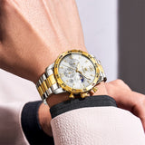 OLEVS 3678 Watches for Men Luxury Dress Chronograph Analog Quartz Gold Plated Stainless Steel Moon Phase Waterproof Luminous Date Fashion Mens Wrist Watches Reloj Para Hombre