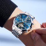 OLEVS 6620 Automatic Watches for Men Self Winding Mechanical Skeleton Luxury Dress Chronograph Gold Plated Stainless Steel Calendar Moon Phase Waterproof Luminous Mens Wrist Watches Reloj Para Hombre