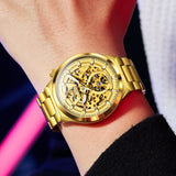 OLEVS 6722 Skeleton Watches for Men Luxury Dress Automatic Self Winding Mechanical Gold Plated Stainless Steel Waterproof Luminous Business Men Wrist Watch Reloj Para Hombre