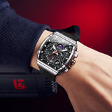 OLEVS 2942 Watches for Men Chronograph Waterproof Luxury Dress Quartz Silicon Strap Multifunction Moon Phase Calendar Luminous Men Wrist Watches Reloj Para Hombre Black/Red