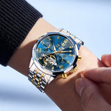 OLEVS 6620 Automatic Watches for Men Self Winding Mechanical Skeleton Luxury Dress Chronograph Gold Plated Stainless Steel Calendar Moon Phase Waterproof Luminous Mens Wrist Watches Reloj Para Hombre