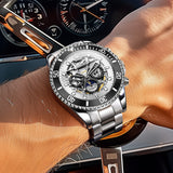 OLEVS 6715 Automatic Watches for Men Skeleton Self Winding Mechanical Fashion Dress Chronograph Moon Phase Stainless Steel Waterproof Luminous Mens Wrist Watches Gift Reloj Para Hombre