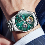 OLEVS 6689 Automatic Watches for Mens Starry Sky Skeleton Tourbillon Self Winding Mechanical Moon Phase Luminous Waterproof Luxury Dress Mens Wrist Watches Gifts Reloj Para Hombre Black/Blue/Green