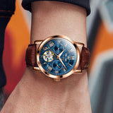 OLEVS 6668 Automatic Watches for Men Self Winding Mechanical Skeleton Flywheel Multifunction Luxury Dress Roma Rumerals Calendar Waterproof Luminous Mens Wrist Watches Reloj Para Hombre Brown Black Leather Strap