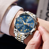 OLEVS 3676 Chronograph Watches for Men Business Dress Analog Quartz Gold Plated Stainless Steel Moon Phase Waterproof Luminous Date Luxury Mens Wrist Watches Reloj Para Hombre