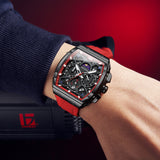 OLEVS 2942 Watches for Men Chronograph Waterproof Luxury Dress Quartz Silicon Strap Multifunction Moon Phase Calendar Luminous Men Wrist Watches Reloj Para Hombre Black/Red
